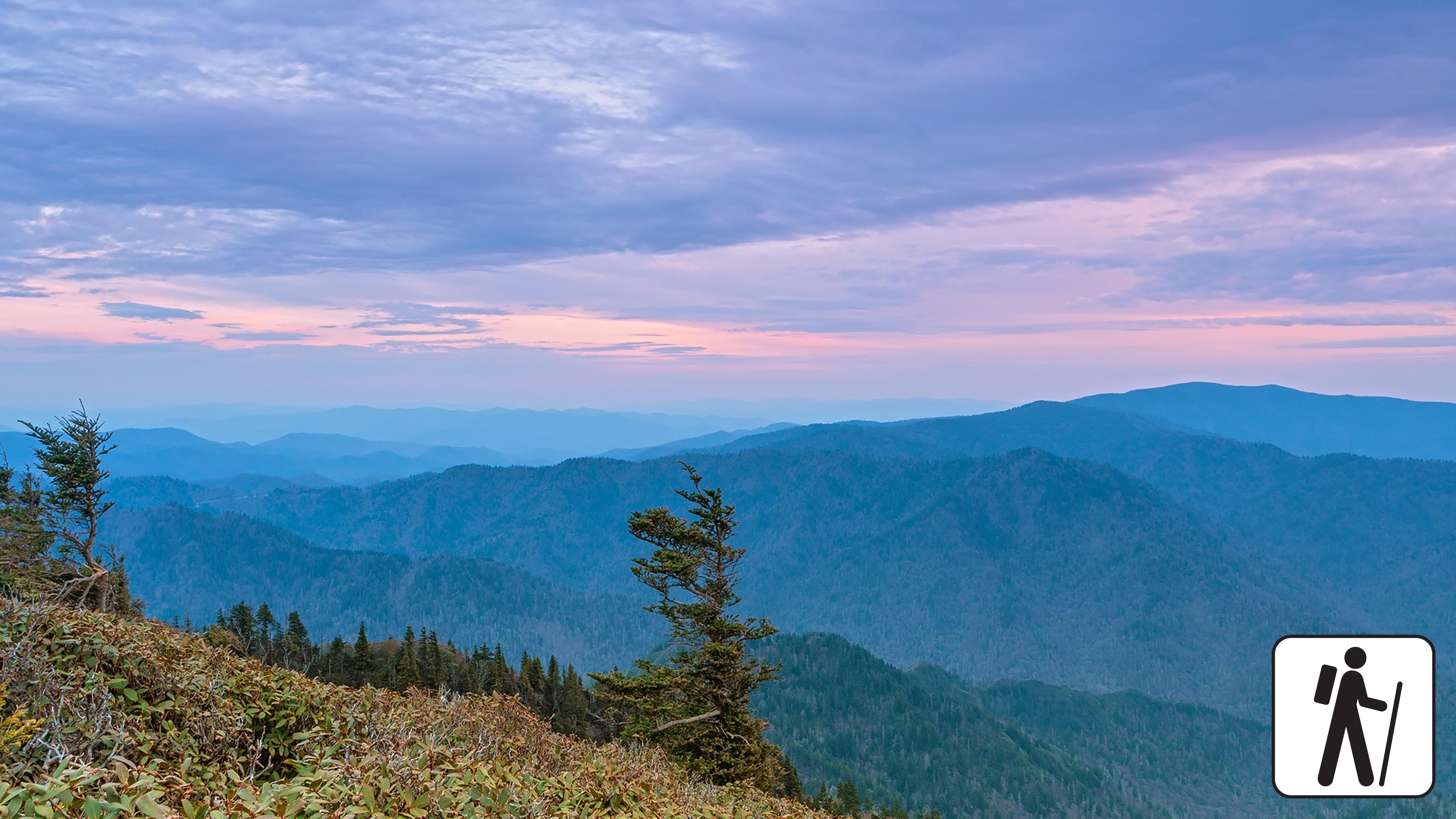 Sweeping mountain views with trees and grass in the foreground. Hiker icon in corner.