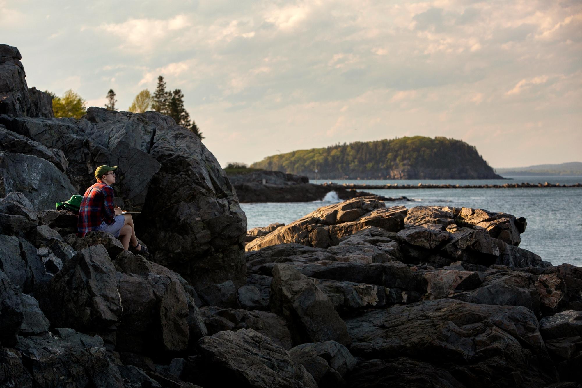 Visitor sitting on rocks looking out at the ocean