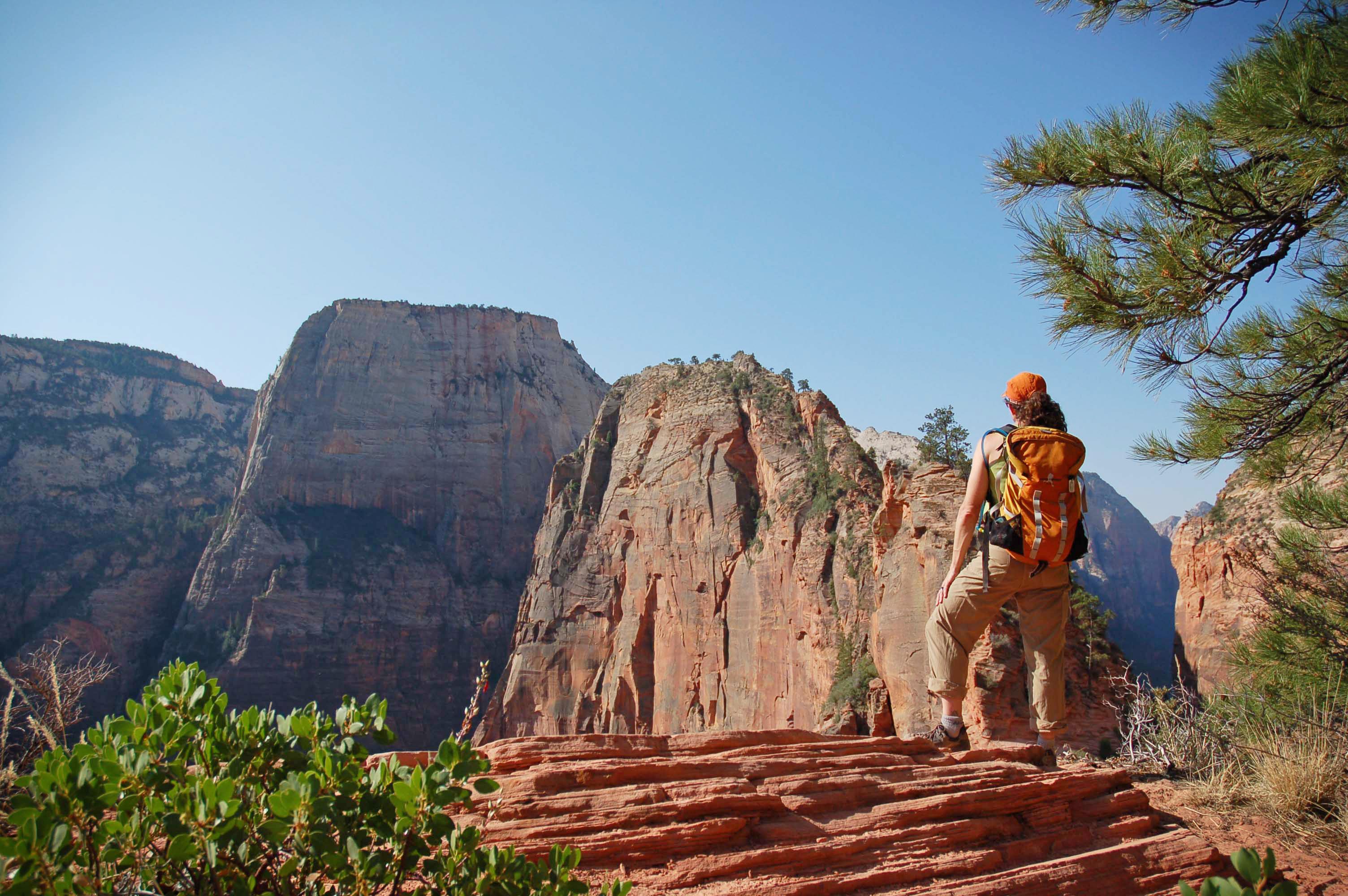 A hiker with an orange backpack standing on sandstone looks at the Angels Landing peak.