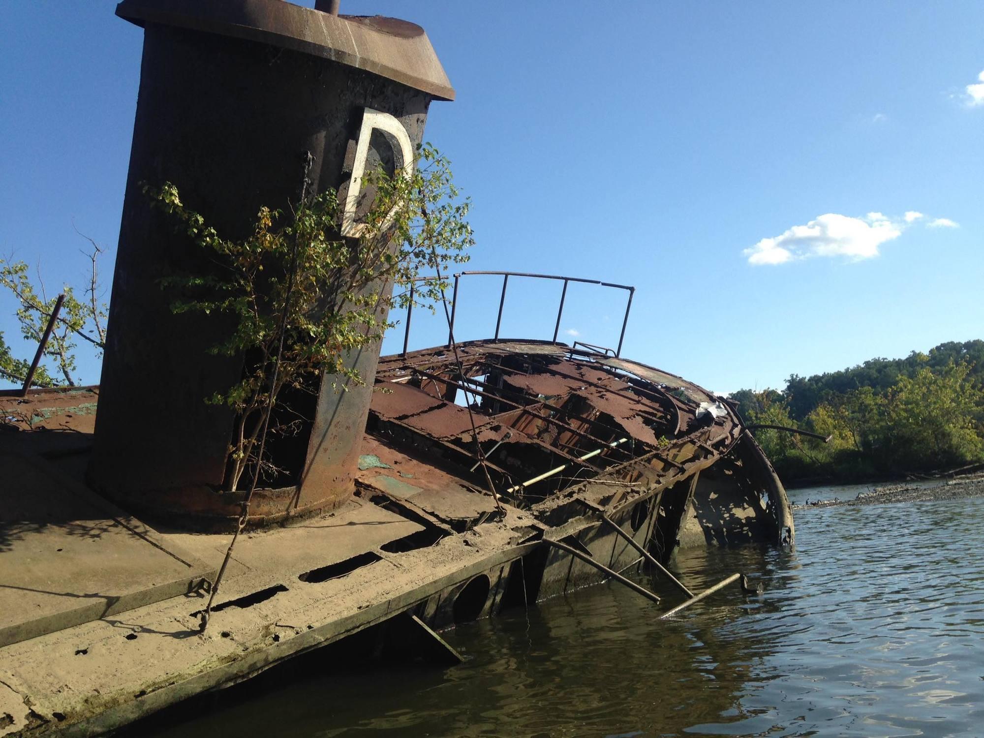 A rusty old metal ship with a large letter D sits half sunk in a waterway.