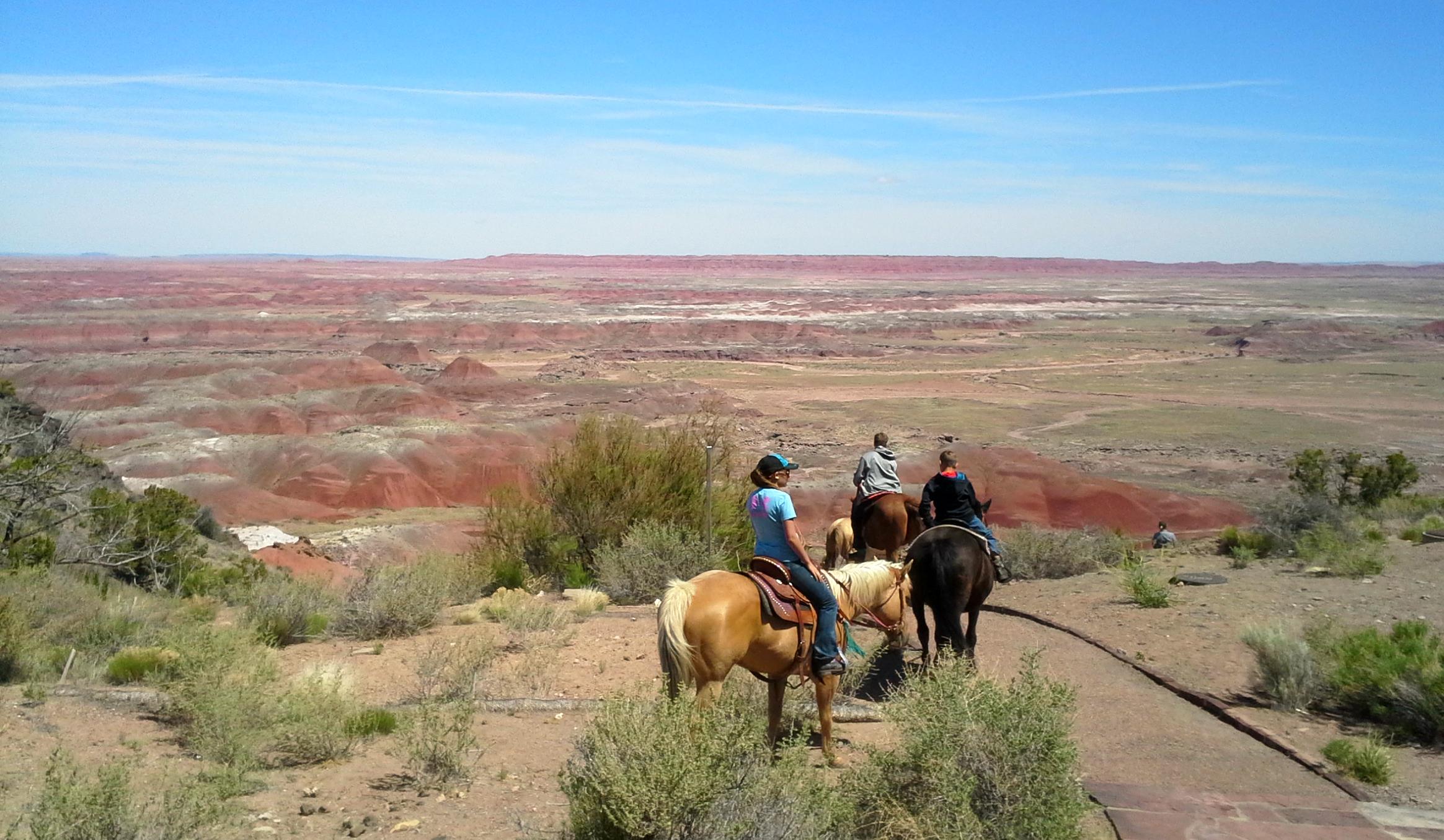 More than three horses and riders going down a trail into the red part of the Painted Desert, red ba