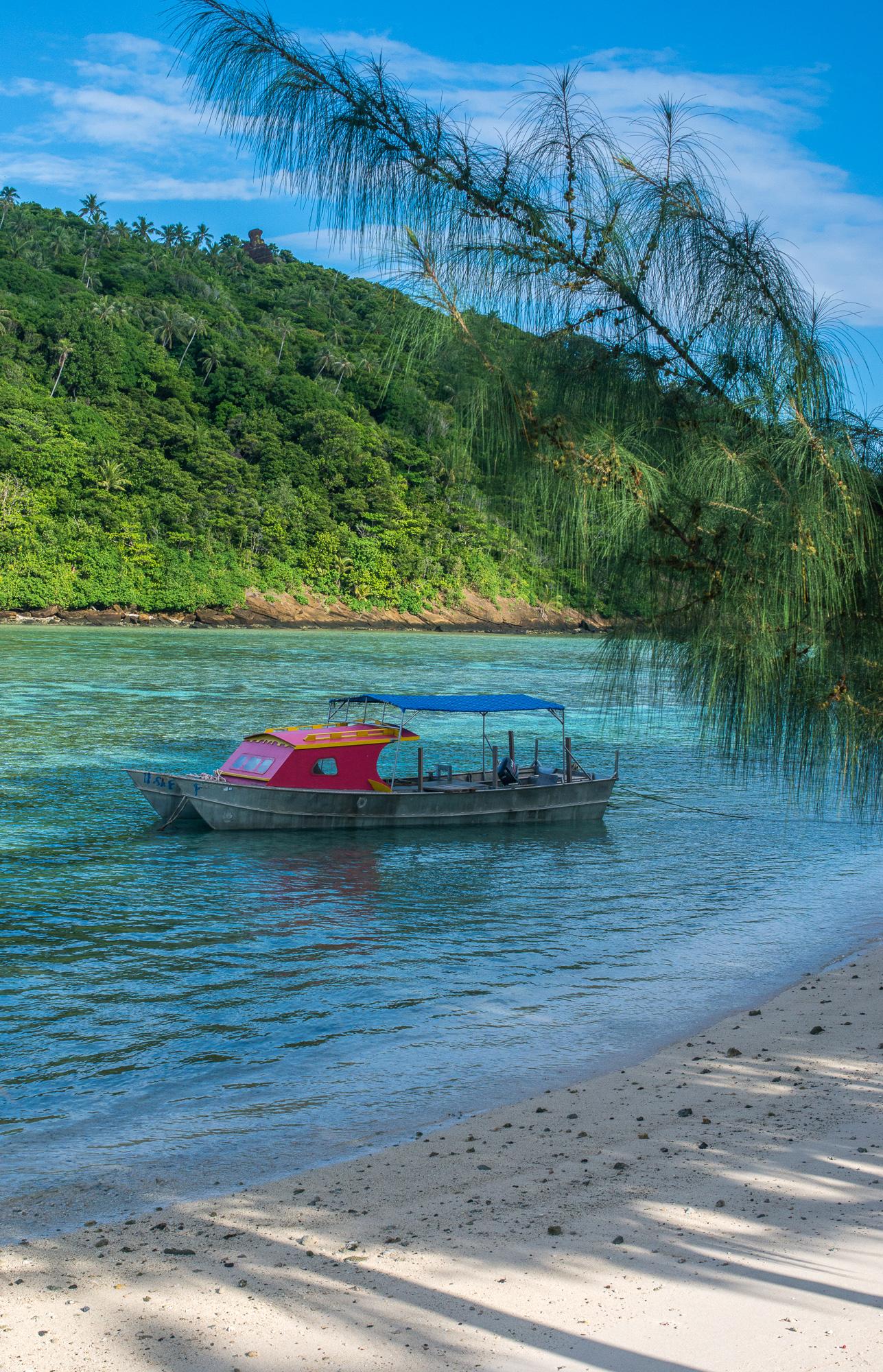 A red and silver boat with a blue canopy sits in shallow waters between a beach and a lush island.