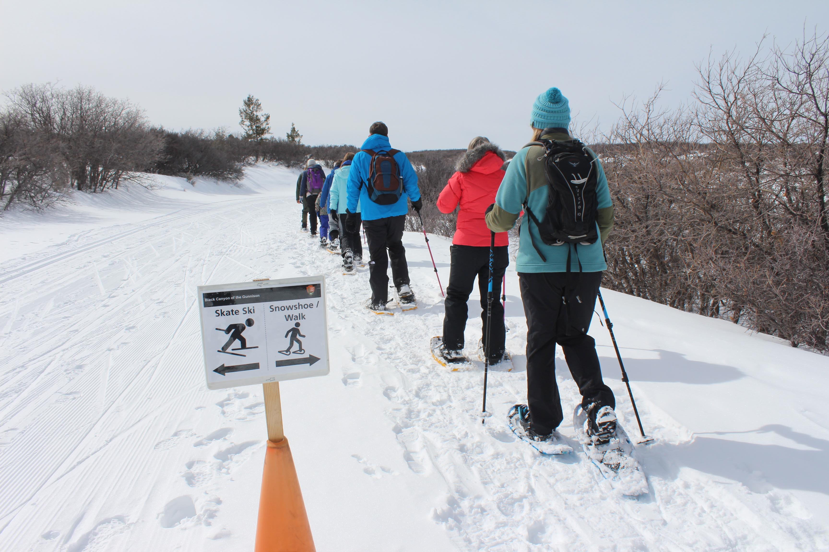 A line of people in different colored clothing snowshoeing on a snow-covered road