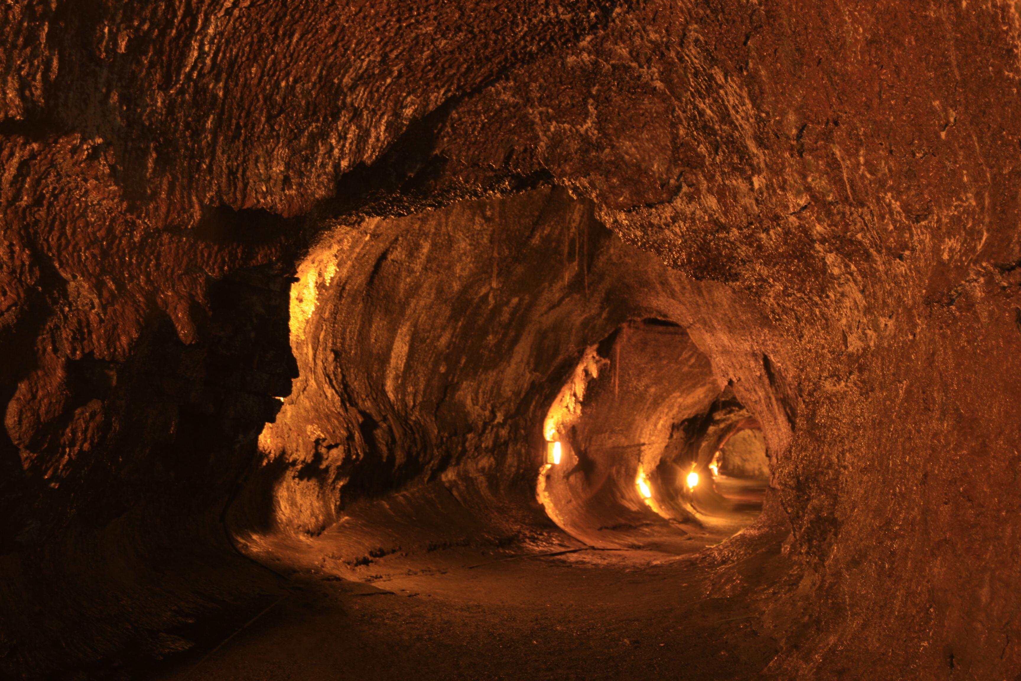 lava tube lit by orange electric light