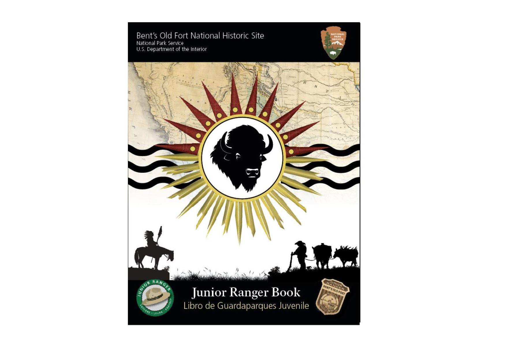 front cover of Junior Ranger booklet with buffalo in center, Native American on horse and trader