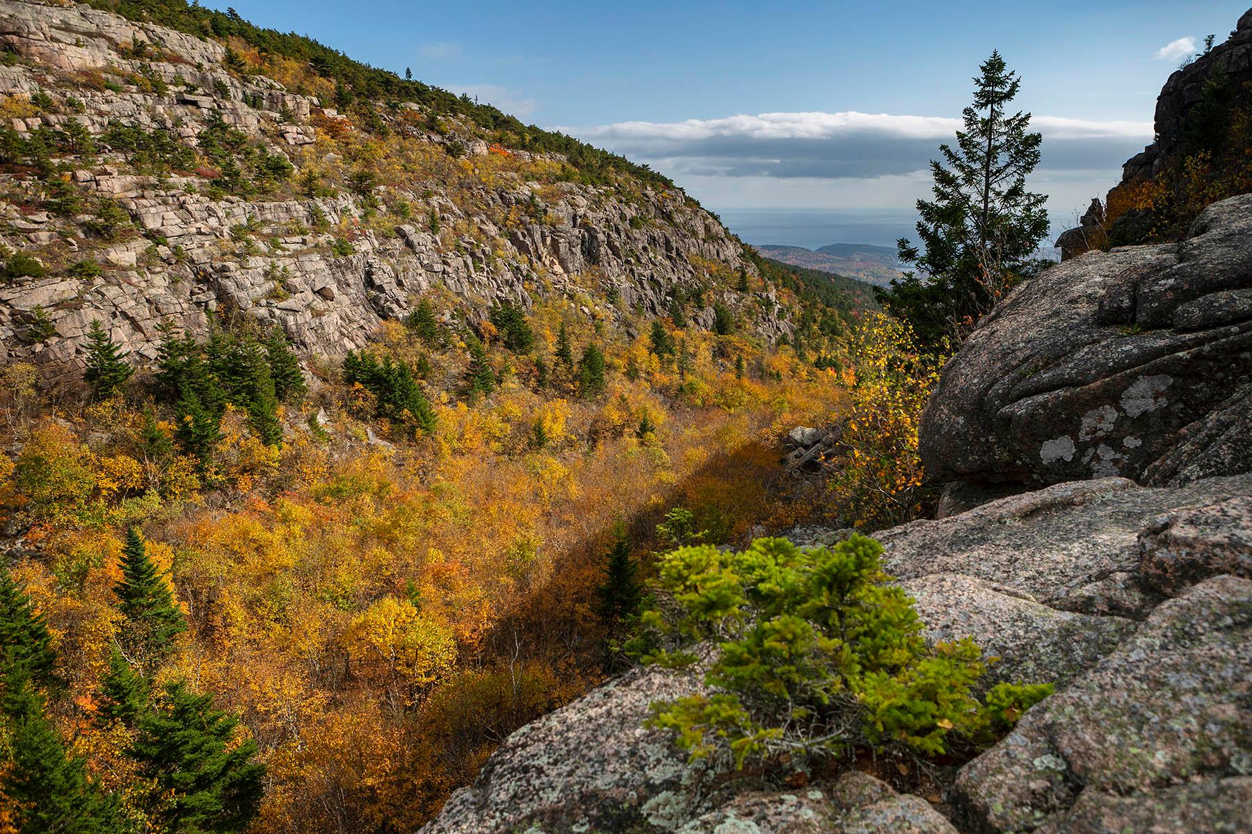 Steep granite mountain face is partially covered with deciduous and evergreen trees in fall color.