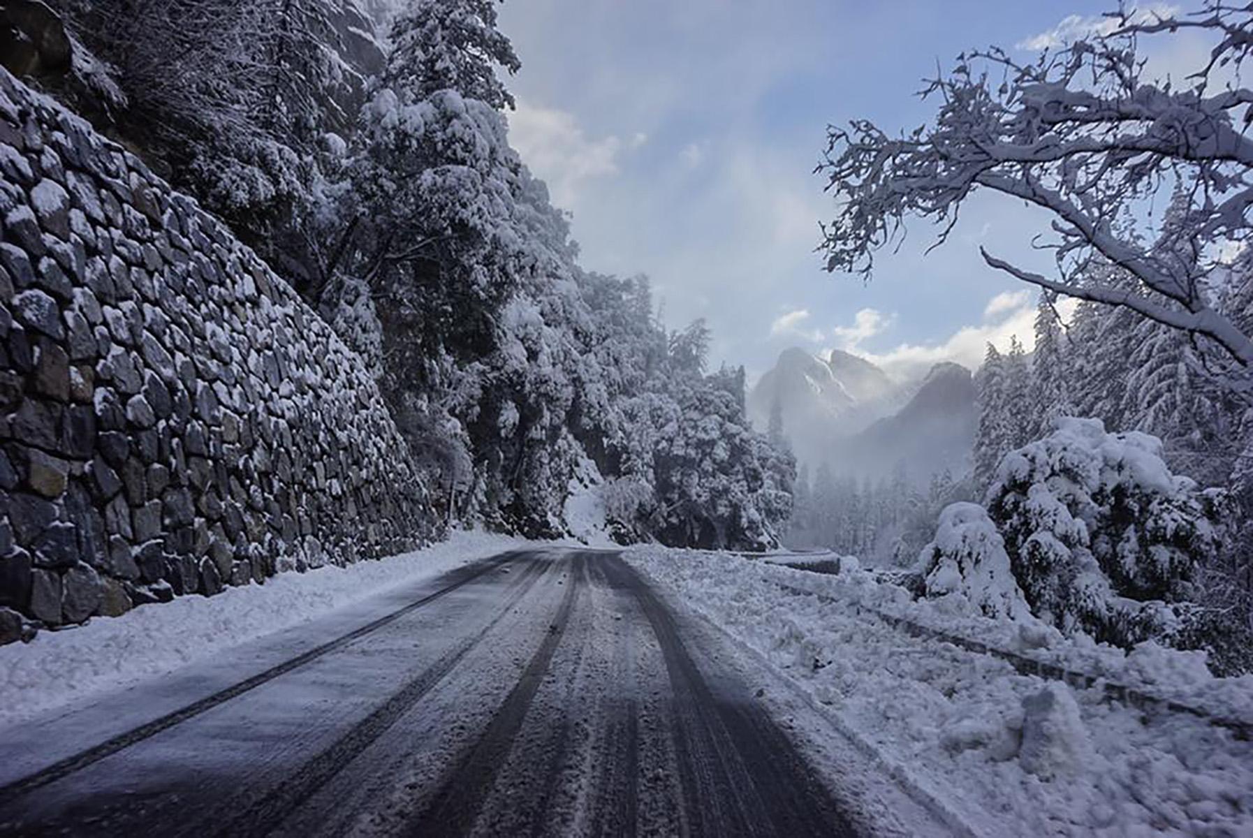 Icy, snowy road in Yosemite