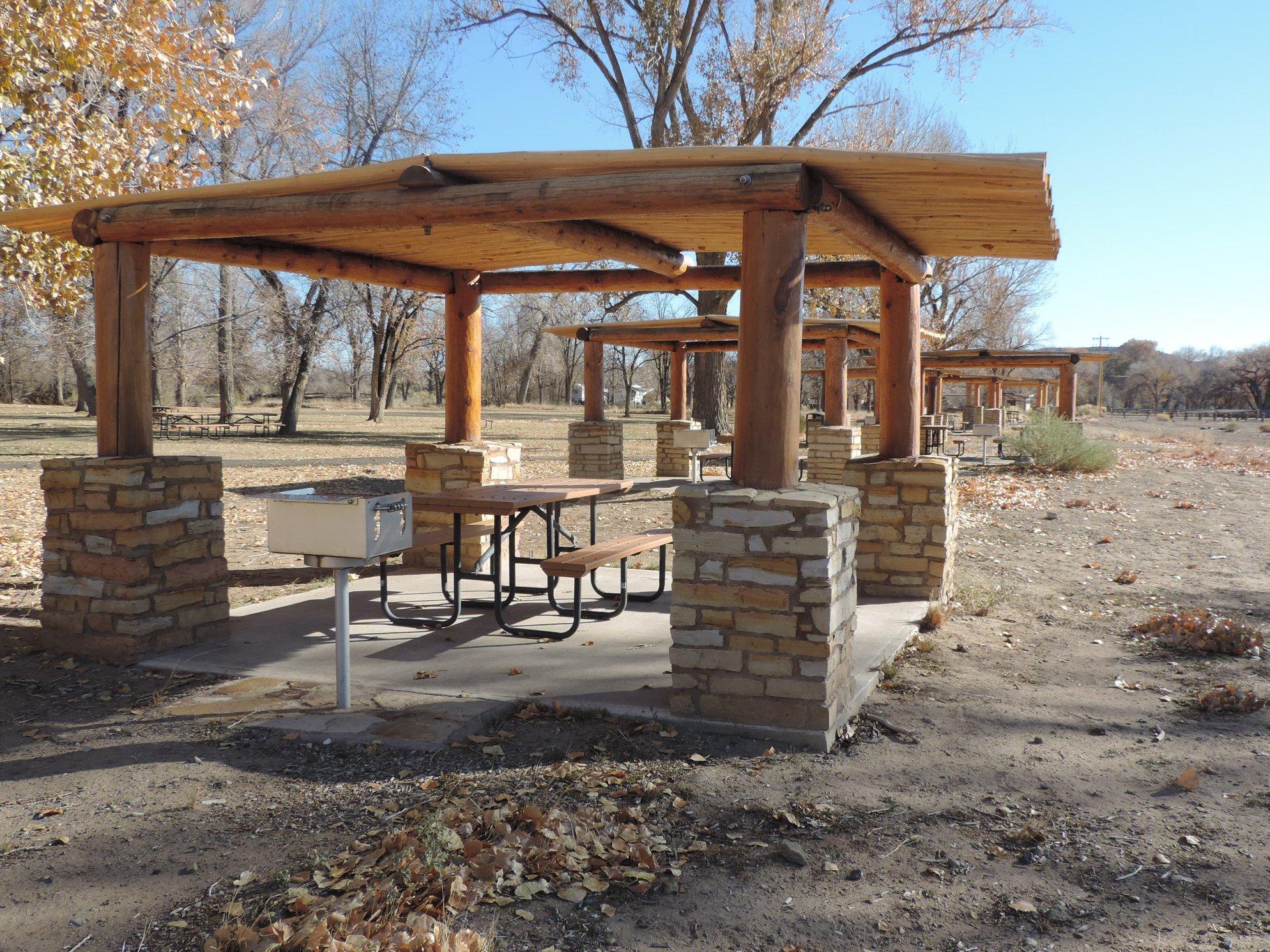 A photo of a picnic table under shade shelter next to a grill.