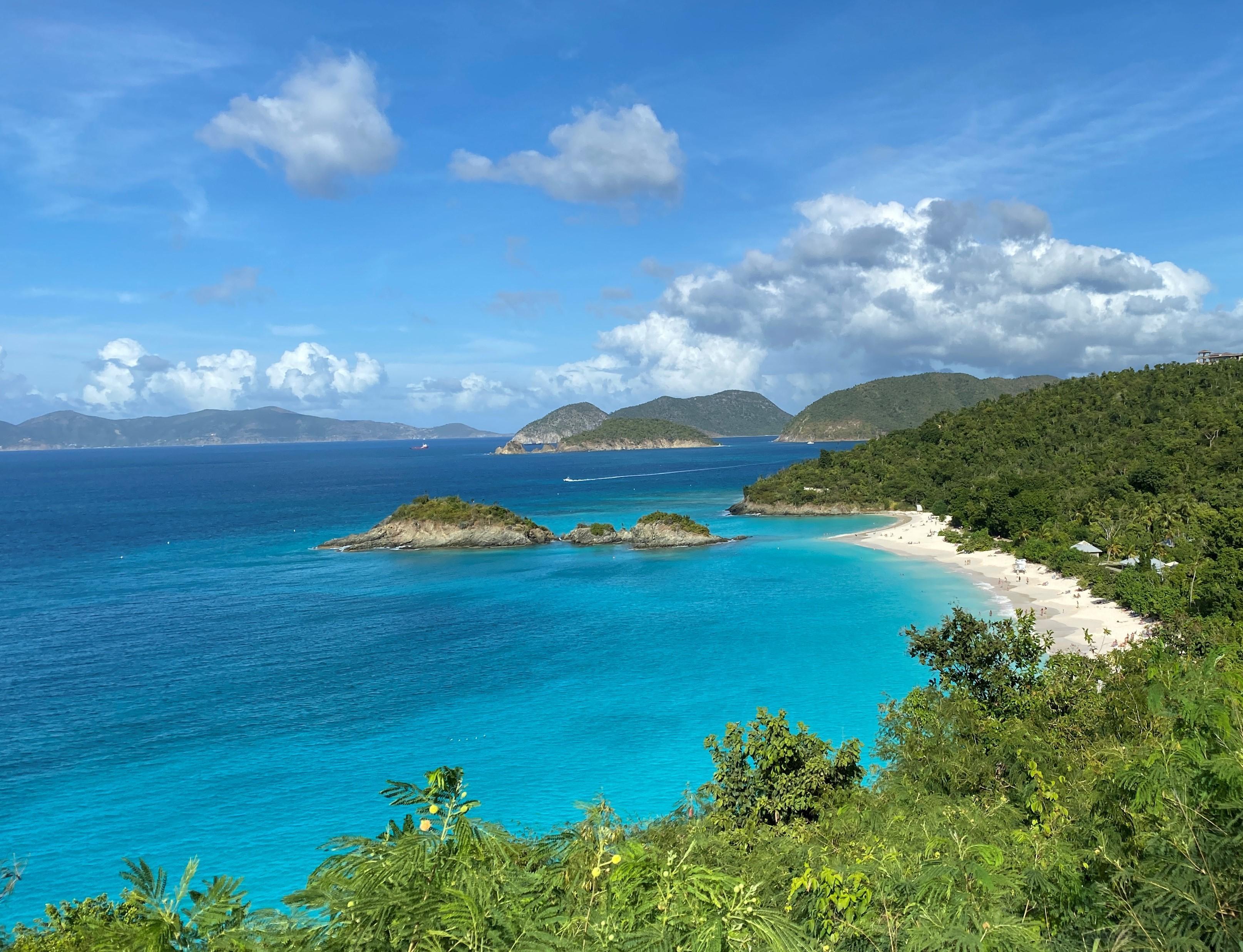 Turquoise water laps white sandy shore fringed with lush green vegetation.