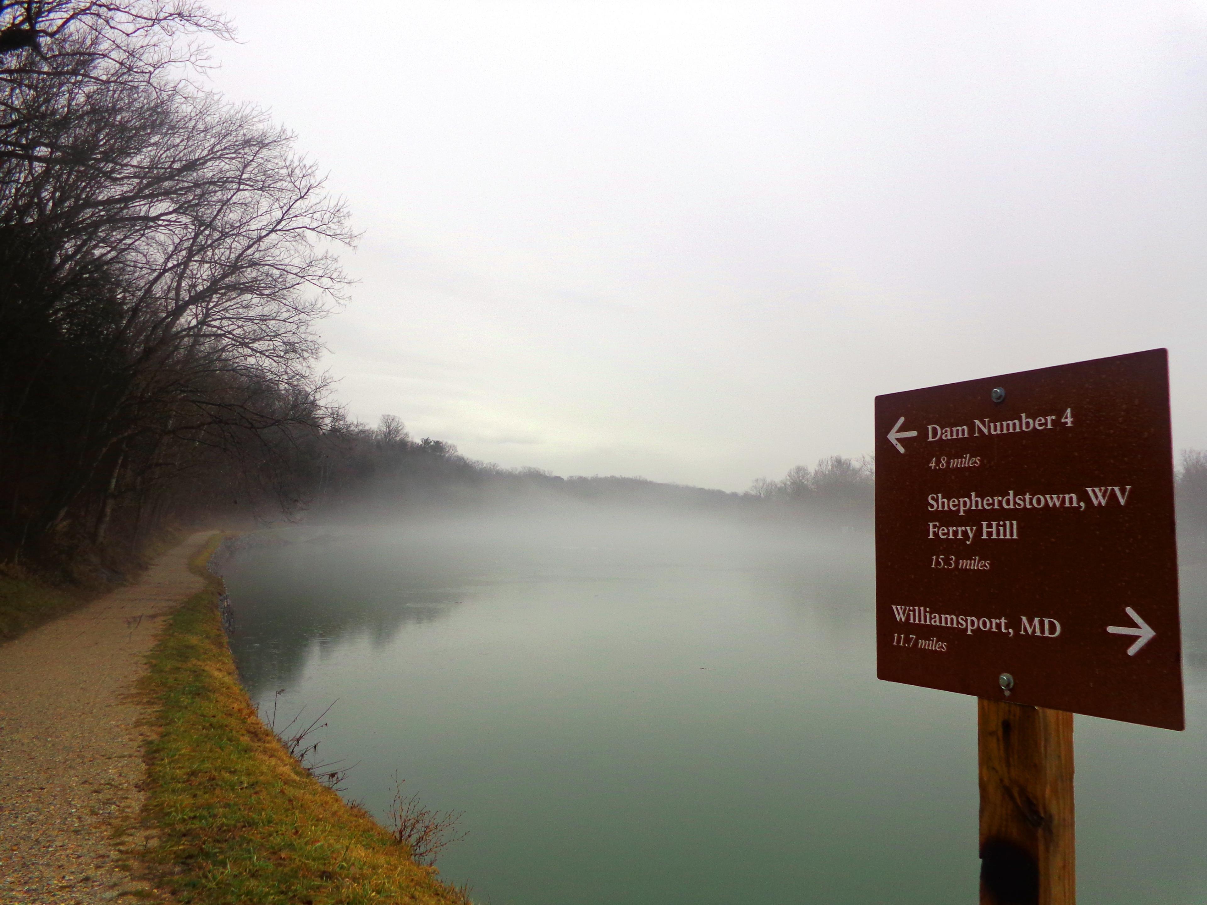 Fog over the Potomac River alongside the Canal towpath.