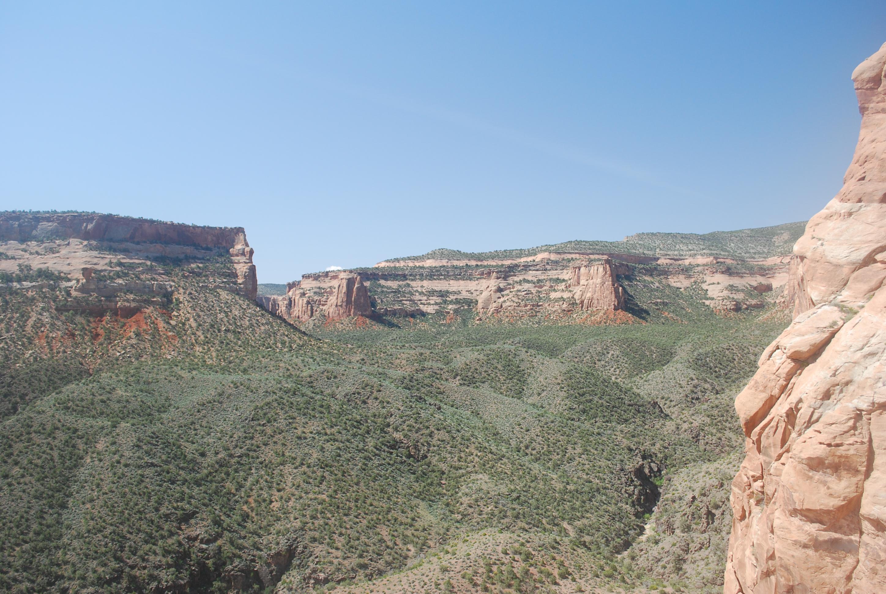 Monument Canyon with red rock walls and a valley with rolling landscape covered with pinyon trees