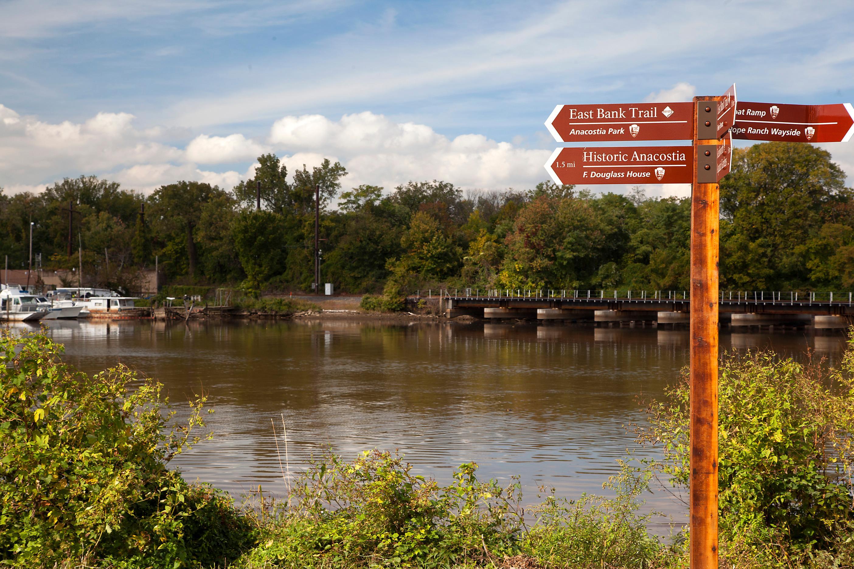 A view of the Anacostia River and a marina from the Anacostia River Trail.